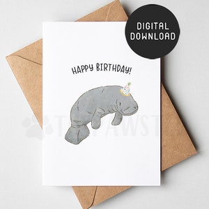 PRINTABLE Manatee Birthday Card, Sea Cow Animal Happy Birthday Card, Cute Birthday Cards for Boys, Girls, Manatee Lovers Gift