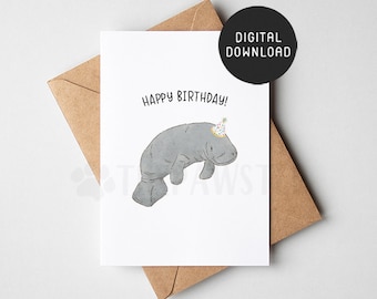 PRINTABLE Manatee Birthday Card, Sea Cow Animal Happy Birthday Card, Cute Birthday Cards for Boys, Girls, Manatee Lovers Gift