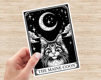 Pegatina de gato Maine Coon, calcomanía de Maine Coon, pegatina de tarot, regalo para mamá gata, pegatina de vinilo, pegatina para portátil, pegatina para botella de agua