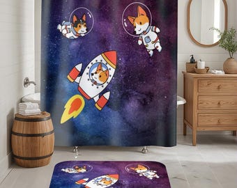 Space Astronaut Corgi Decor, Corgi Shower Curtain, Bath Mat, Funny Dog Bathroom Decor, Dog Housewarming Gift, Pembroke Welsh Corgi Mom Gift