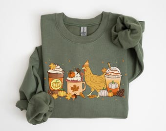 Chicken Fall Sweatshirt, Chicken Pumpkin Sweater, Pumpkin Spice Coffee Halloween Gifts, Farm Animal Fall Vibes Shirt, Thanksgiving Shirt