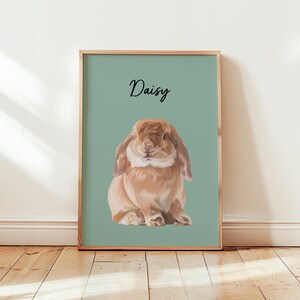Custom Rabbit Portrait Painting wall art with custom Rabbit name and Bunny drawing art print, perfect Rabbit lover gift or Rabbit memorial gift for Bunny mom and Rabbit dad. This pet portrait art is available in poster, framed and canvas.