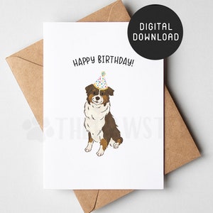 Cartão de aniversário de pastor australiano para impressão, cartão de feliz aniversário tri australiano vermelho do cachorro, cartões de aniversário do pai do cachorro da mãe do cachorro