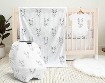 Bull Terrier Baby Blanket, Bull Terrier Baby Shower Gift, Baby Car Seat Cover, Dog Swaddle Blanket, Crib Sheet, Baby Bib, Baby Knotted Hat