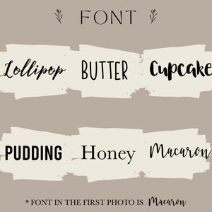K&ouml;nnte beinhalten: Ein Grafikdesign-Bild, das sechs verschiedene Schriftarten zeigt, jede mit einem anderen Namen: Lollipop, Butter, Cupcake, Pudding, Honey und Macaron. Der Text *FONT IN THE FIRST PHOTO IS Macaron* befindet sich am unteren Rand des Bildes.