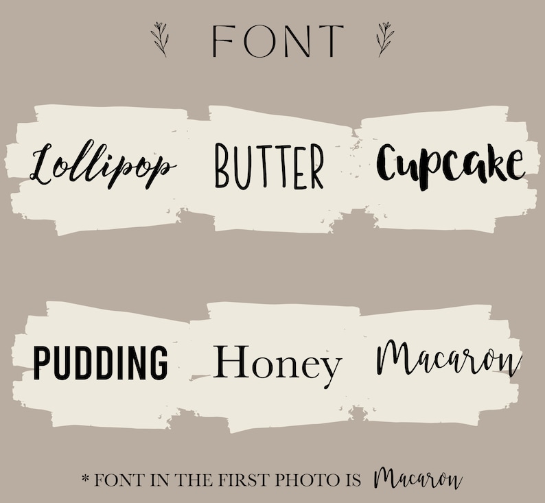 K&ouml;nnte beinhalten: Ein Grafikdesign-Bild, das sechs verschiedene Schriftarten zeigt, jede mit einem anderen Namen: Lollipop, Butter, Cupcake, Pudding, Honey und Macaron. Der Text *FONT IN THE FIRST PHOTO IS Macaron* befindet sich am unteren Rand des Bildes.