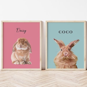 Custom Rabbit Portrait Painting wall art with custom Rabbit name and Bunny drawing art print, perfect Rabbit lover gift or Rabbit memorial gift for Bunny mom and Rabbit dad. This pet portrait art is available in poster, framed and canvas.