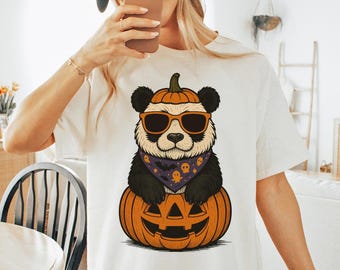 Retro Panda Bear Halloween Shirt, Spooky Pumpkin Comfort Colors Tshirt, Funny Animal Lover Gift
