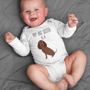 May include: A white baby onesie with long sleeves and the text "My Big Sister Is A" with a brown dachshund illustration.