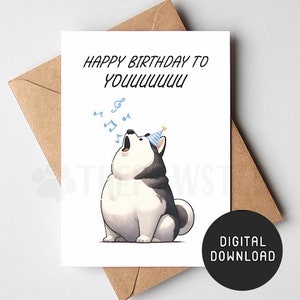 DRUCKBARE Geburtstagskarte für Hund, Siberian Husky Happy Birthday Karte von Hund, Lustiger Hund Mama Papa Digital Download Grußkarte, Huskies Mama Geschenk