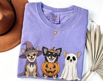 Funny Chihuahua Halloween Shirt, Retro Pumpkin Witch Ghost Dog Comfort Colors Tshirt, Spooky Dog Lover Gift