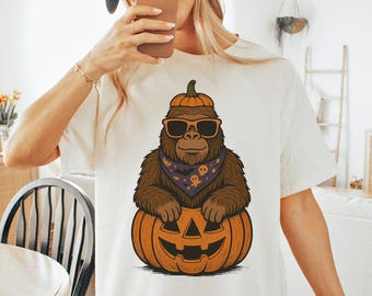 Retro Bigfoot Halloween Shirt, Spooky Pumpkin Comfort Colors Tshirt, Funny Sasquatch Lover Gift
