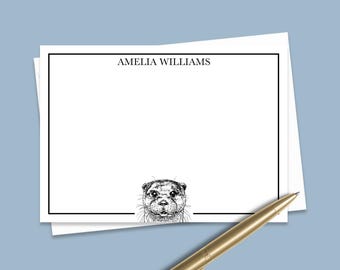 Custom Otter Note Cards Gift, Personalized Animal Notecard Set, Stationery Set, Cute Sea Otter Thank You Flat Note Card Set With Envelope
