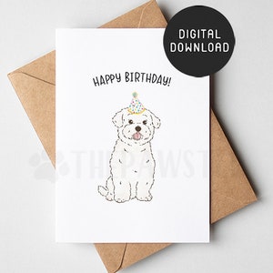 Cartão de aniversário maltês para impressão, cartão de feliz aniversário do cachorro, mãe do cachorro, pai, cartões de aniversário do cachorro, presente da mãe maltês
