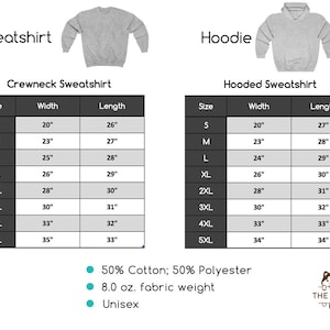 Puede incluir: Tabla de tallas para una sudadera gris de cuello redondo y una sudadera gris con capucha. La tabla muestra las medidas de ancho y largo en pulgadas para las tallas S a 5XL. La tela es 50% algod&oacute;n y 50% poli&eacute;ster, con un peso de 8,0 oz, y es unisex.