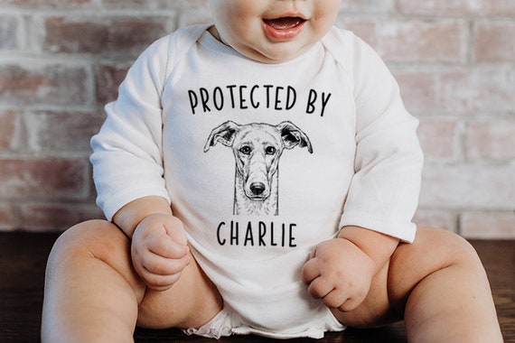 Protected by Dog Baby Bodysuit Protected by a Greyhound Baby Clothes Dog Baby Shower Gift Baby Announcement Toddler Kids Youth T Shirt