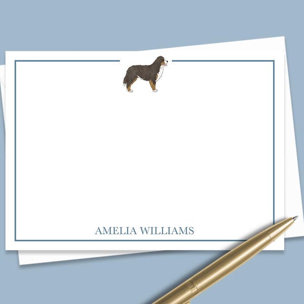 Custom Bernese Mountain Dog Note Cards, Personalized Dog Notecard Set, Stationery Set, Cute Berner Thank You Flat Note Card Set and Envelope