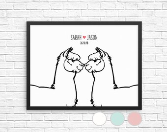 Llama Wall Art, Custom Name Print, Personalized Couple Wedding Decor, Animal Sign, Poster, Newlywed Valentine Housewarming Gift