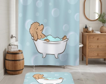 May include: A blue shower curtain with a cartoon poodle taking a bath in a white bathtub. The poodle is brown and has its eyes closed. The shower curtain has a pattern of white bubbles on it.
