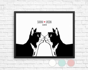 Tuxedo Cat Wall Art, Custom Name Print, Personalized Couple Wedding Decor, Animal Sign, Poster, Newlywed Valentine Housewarming Gift