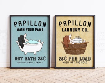 Decoración de pared con perro Papillon, arte para el baño con perro Papillon, impresión divertida para la colada de perros, regalo de inauguración de la casa para perros, póster con letrero para el baño de perros