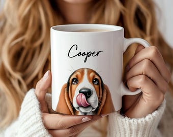 Basset Hound Mug, Custom Dog Name Coffee Mug, Cute Basset Hound Gift, Basset Hound Mom, Basset Dad, Funny Basset Hound Owner Gifts