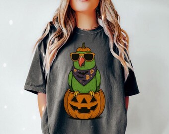 Retro Indian Ringneck Parakeet Halloween Shirt, Spooky Pumpkin Comfort Colors Tshirt, Funny Parrot Bird Lover Gift