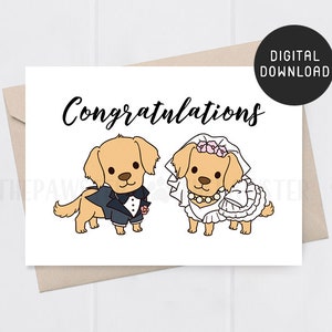 Felicitaciones de tarjeta de boda IMPRIMIBLE, tarjeta de recién casado Golden Retriever, tarjeta de novia y novio de perro, tarjeta de compromiso, regalo del día de la boda
