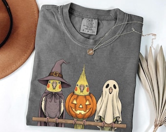 Spooky Cockatiel Parrot Halloween Shirt, Retro Pumpkin Witch Ghost Comfort Colors Tshirt, Funny Bird Lover Gift