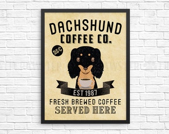 Coffee Wall Decor, Long Haired Dachshund Kitchen Art Print, Doxie Dog Coffee Wall Art, Coffee Shop Sign, Vintage Coffee Bar Decor, Poster