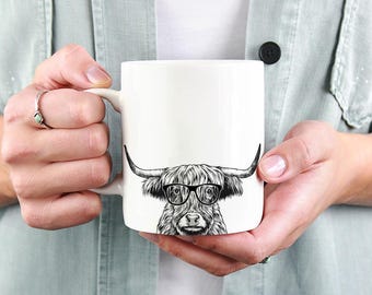 Scottish Highland Cow Mug, Animal Coffee Mugs, Hipster Nerdy Highland Cattle Coffee Mug 15 oz 11 oz, Highland Cow Lover Gifts Cup, Glass