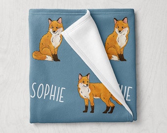 Fox Blanket, Custom Name Animal Blanket, Personalized Foxy Baby Blanket, Woodland Animal Themed Gifts, Nursery Decor, Baby Girl Boy Blanket