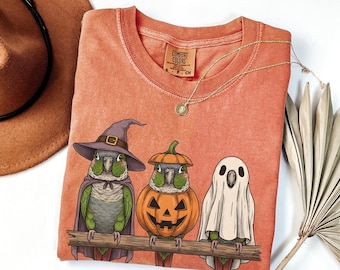 Spooky Green Cheek Conure Halloween Shirt, Retro Pumpkin Witch Ghost Comfort Colors Tshirt, Funny Parrot Lover Gift
