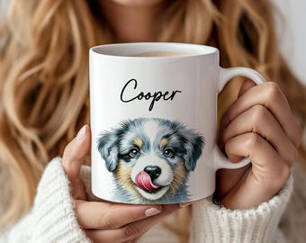 Australian Shepherd Mug, Custom Dog Name Coffee Mug, Cute Aussie Dog Gift, Blue Merle Aussie Mom, Aussie Dad, Funny Aussie Dog Owner Gifts