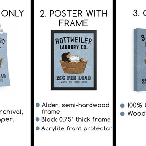 May include: Three different options for a dog-themed laundry poster. The first option is a poster only, printed on archival, acid-free paper. The second option is a poster with a black alder, semi-hardwood frame and an acrylite front protector. The third option is a canvas print with a wooden frame. All three options feature a dog in a laundry basket with the text "25c per load, wash, dry and fold" and the name of the dog breed followed by "Laundry Co.".