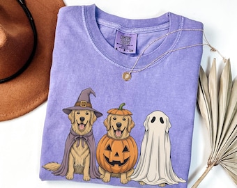 Funny Golden Retriever Halloween Shirt, Retro Pumpkin Witch Ghost Dog Comfort Colors Tshirt, Spooky Dog Lover Gift