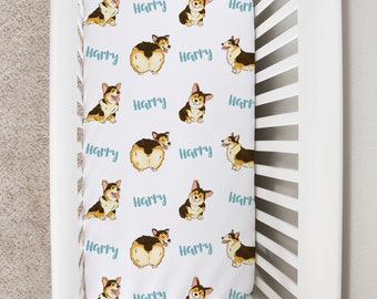 Custom Crib Sheet, Tri Color Corgi Baby Changing Table Cover, Personalized Boy Girl Baby Bedding Sheet, Dog Newborn Baby Shower Gift