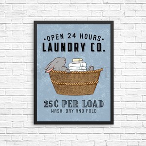 Rabbit Laundry Sign, Bunny Animal Laundry Room Decor, Wash Dry Fold Wall Art Print, Farmhouse Sign, Vintage Poster Laundry Co Wall Decor