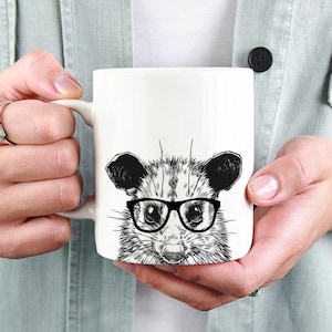 Opossum Mug, Animal Coffee Mugs, Hipster Nerdy Possum Coffee Mug 15 oz 11 oz, Opossum Lover Gifts Cup, Glass