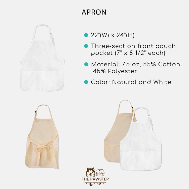 May include: White and natural aprons with a three-section front pouch pocket. The aprons are 22 inches wide and 24 inches high, made of 7.5 oz, 55% cotton and 45% polyester. The text "APRON" is at the top.