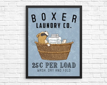 Boxer Dog Laundry Wall Decor, Wash Dry Fold Laundry Art Print, Boxer Dog Wall Art, Laundry Room Sign, Vintage Poster Laundry Room Decor