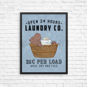 Hippo Laundry Sign, Animal Laundry Room Decor, Wash Dry Fold Wall Art Print, Farmhouse Sign, Vintage Poster Laundry Co Wall Decor