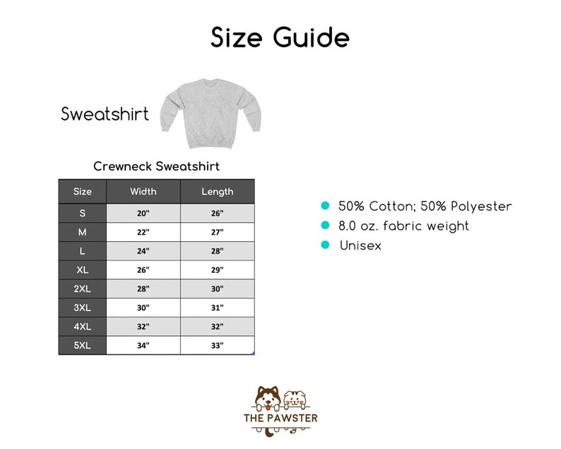 Puede incluir: Tabla de tallas para una sudadera de cuello redondo, que muestra las medidas de ancho y largo en pulgadas para las tallas S a 5XL. La tela es 50% algod&oacute;n y 50% poli&eacute;ster, con un peso de 8.0 onzas. La sudadera es unisex.