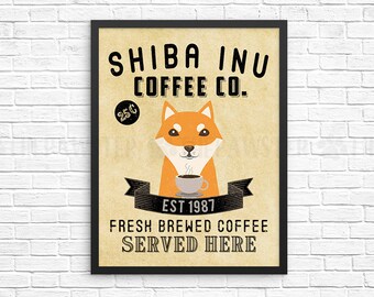 Coffee Wall Decor, Shiba Inu Kitchen Art Print, Dog Coffee Wall Art, Coffee Shop Sign, Vintage Coffee Bar Decor, Shiba Dog Kitchen Poster