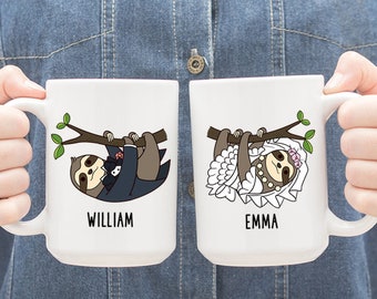 Personalized Bride and Groom Mugs, Custom Sloth Mug, Sloth Lover Newlywed Gift, Engagement Gifts for Couple, Wedding Gift