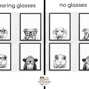 Puede incluir: Un conjunto de ocho ilustraciones en blanco y negro de varios animales que llevan o no gafas. Los animales incluyen un dachshund, un bulldog, un conejillo de indias y una vaca. Las ilustraciones est&aacute;n enmarcadas en marcos negros y se muestran en una pared de ladrillo blanco.
