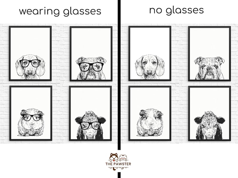 Puede incluir: Un conjunto de ocho ilustraciones en blanco y negro de varios animales que llevan o no gafas. Los animales incluyen un dachshund, un bulldog, un conejillo de indias y una vaca. Las ilustraciones est&aacute;n enmarcadas en marcos negros y se muestran en una pared de ladrillo blanco.