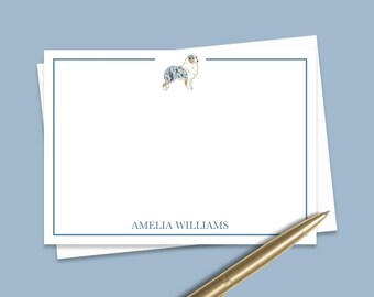 Custom Australian Shepherd Note Cards, Personalized Dog Notecard Set, Stationery Set, Cute Aussie Thank You Flat Note Card Set with Envelope