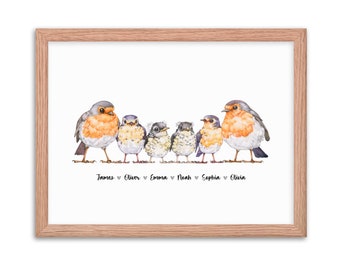 Robin Bird Family Portrait Gift, Custom Family Portrait Art Print, Personalized Family Names Wall Decor, Poster, Gift for Mom, Dad, Grandma