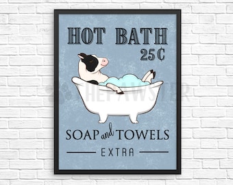 Cow Bathroom Wall Decor, Farm Animal Funny Bathroom Art Print, Hot Bath Sign, Bath Quote Wall Art, Bathroom Farmhouse Poster